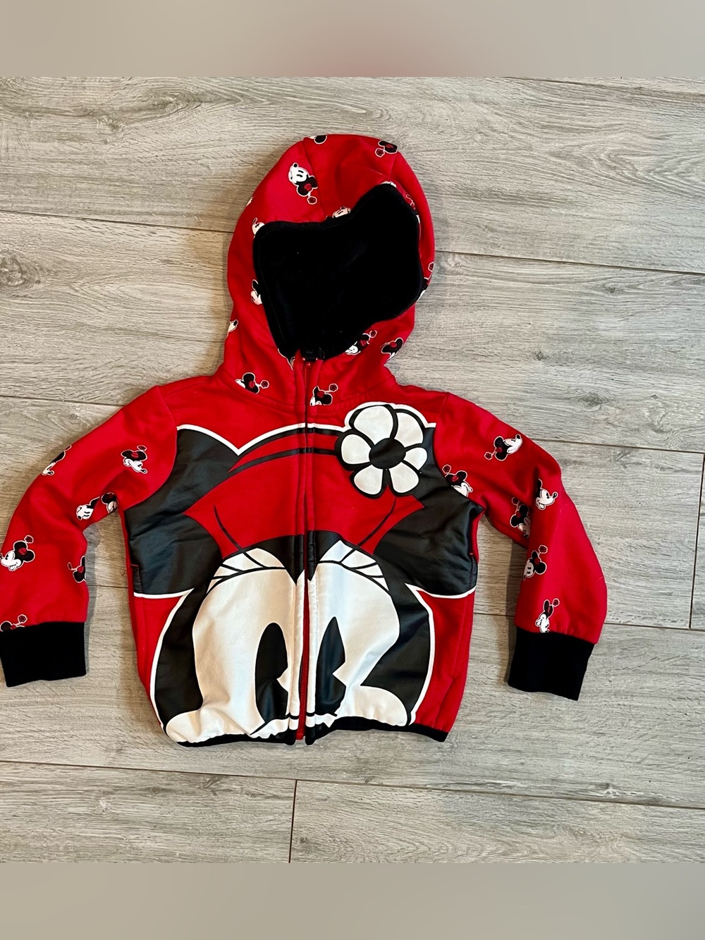 DISNEY Red Black Hooded Jacket with White Minnie Mouse Graphic, girls, Size 2T
